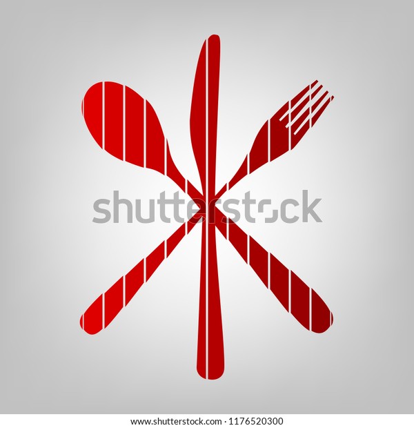 Cutlery sign illustration. Vector. Vertically\
divided icon with colors from reddish gradient in gray background\
with light in center.