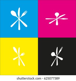 Cutlery sign illustration. Vector. White icon with isometric projections on cyan, magenta, yellow and black backgrounds.