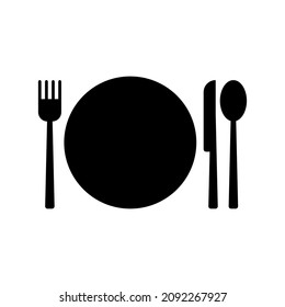 cutlery sign with simple fork, plate, knife and spoon for food symbol isolated on white background