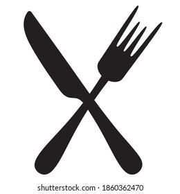 Cutlery. Silhouette. Knife and fork. Vector set of illustrations. Outline on an isolated white background. Flat style. Collection of tools for eating. The dining equipment is crossed among themselves.