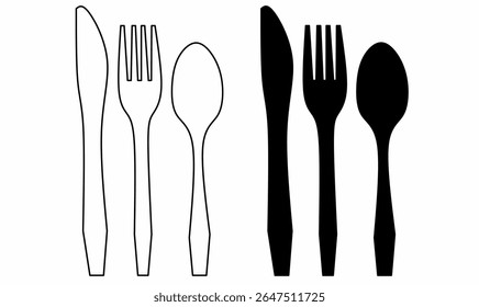 Conjunto de silhueta de talheres. faca, garfo e colher em contorno e preto sólido. Ícones vetoriais planos para aplicativos de cozinha, restaurante, menu ou comida. Ideal para uso com infográficos ou logotipos.