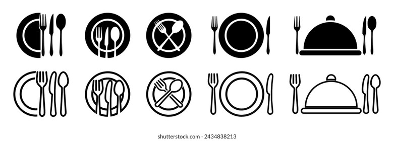 Cutlery silhouettes. Fork, knife, spoon and plate set icons. Logotype menu. Set in flat style. 