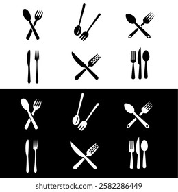 Cutlery silhouettes. Fork spoon knife black icons, silverware silhouettes on white background. Vector cutlery set for serving illustration