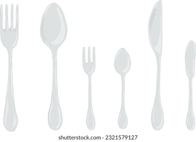 Cutlery, Silverware fork knife spoon isolated on white background, stainless steel tableware. Hand drawn illustration. Vector Top view