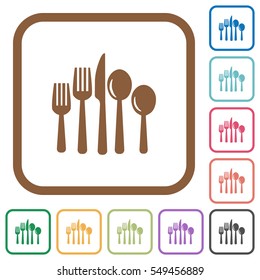 Cutlery simple icons in color rounded square frames on white background