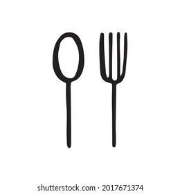 cutlery sketch. fork and spoon black silhouette isolated