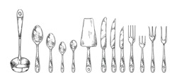 Cutlery Sketch. Tableware For Restaurant Food. Forks, Knives And Spoons. Utensil Collection. Bistro Or Cooking Menu. Ladle And Spatula. Engraving Dinnerware Set. Vector Illustration