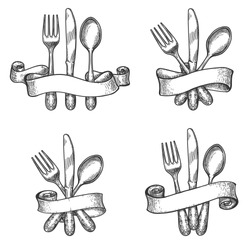 Эскиз столовых приборов. Винтажный обеденный стол столовое серебро набор с ножом и вилкой посуды в ретро-лентах векторного рисунка