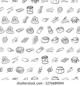 Cutlery, Snacks and Table setting set. Background for printing, design, web. Usable as icons. Seamless. Monochrome binary, black and white.