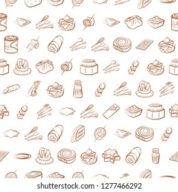 Cutlery, Snacks and Table setting set. Background for printing, design, web. Usable as icons. Seamless. Binary color.