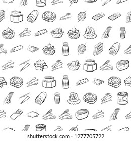 Cutlery, Snacks and Table setting set. Background for printing, design, web. Usable as icons. Seamless. Monochrome binary, black and white.