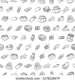 Cutlery, Snacks and Table setting set. Background for printing, design, web. Usable as icons. Seamless. Monochrome binary, black and white.