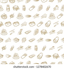 Cutlery, Snacks and Table setting set. Background for printing, design, web. Usable as icons. Seamless. Binary color.