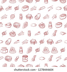 Cutlery, Snacks and Table setting set. Background for printing, design, web. Usable as icons. Seamless. Binary color.