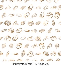 Cutlery, Snacks and Table setting set. Background for printing, design, web. Usable as icons. Seamless. Binary color.