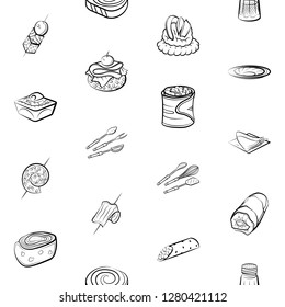 Cutlery, Snacks and Table setting set. Background for printing, design, web. Usable as icons. Seamless. Monochrome binary, black and white.