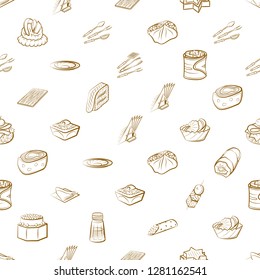 Cutlery, Snacks and Table setting set. Background for printing, design, web. Usable as icons. Seamless. Binary color.