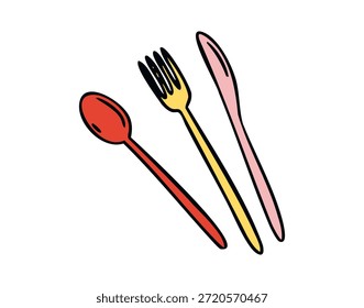 Besteck Löffel Gabel und Messer, gemütlich handgezeichnet doodle Stil. Vektorgrafik.