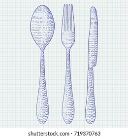 Cutlery - spoon, fork, knife. Hand drawn sketch on lined paper. Vector illustration