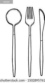 Cutlery, spoon, fork, knife. Ink hand drawing. Black and white. Food, vegetables and fruit isolated on white background. Book illustration, recipe, menu, magazine or journal article. Top view.