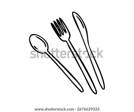 Cutlery spoon fork and knife line art outline, monochrome hand drawn. Vector illustration.