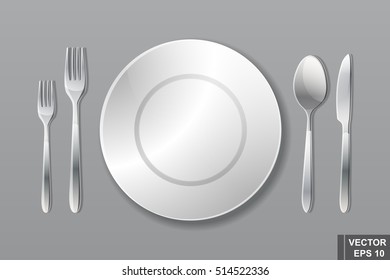 Cutlery. Spoon, fork, knife and plate. Serving. Preparing for dinner. Realistic.