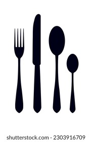 Cubertería. Cuchillo de tenedor de cuchara. Las siluetas son negras.