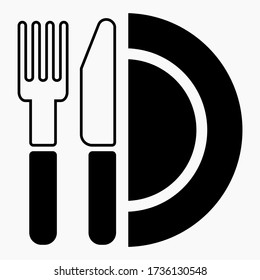 Cutlery. A spoon and a fork. Plate. Illustration of a cafe. Menu. A restaurant. Canteen. Place a meal, food. Vector icon.