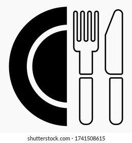 Cutlery. A spoon and a fork. Plate. Illustration of a cafe. Menu. A restaurant. Canteen. Place a meal, food. Vector icon.
