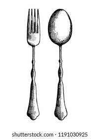 cutlery spoon and fork sketch. drawing in isolation