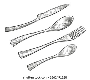 Cutlery, Spoon And Fork Sketch. Food Concept Vintage Vector Illustration