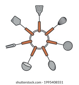 Cutlery and spoons icons in an aluminum circle