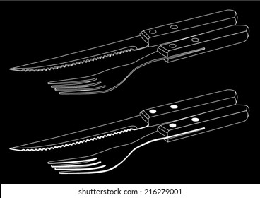 Cutlery steak set - fork and knife for steak - white lines on black background - vector