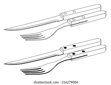 Cutlery steak set - fork and knife for steak - black lines - vector
