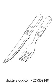 Cutlery steak set - fork and knife for steak - black lines - vector
