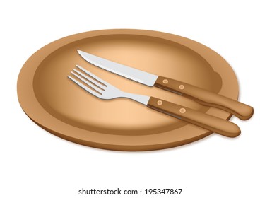 Cutlery steak set on wooden plate - fork and knife for steak and wooden plate vector