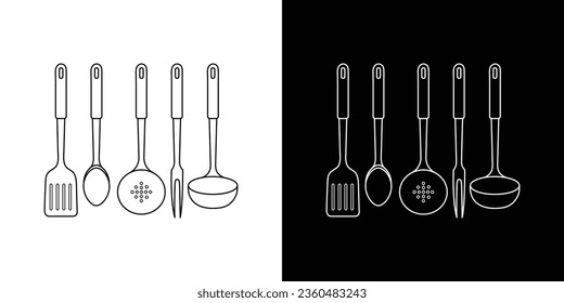 Cutlery stickers set. Assortment of cookware. Icons of whisk, colander, and spatula for baking, cooking, and frying food