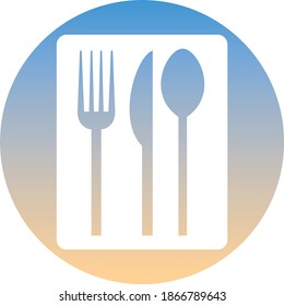 Cutlery symbol of a set. White spoon, fork and knife icon, on gradient button. Use for banner, card, poster, brochure, banner, app, web design. Easy to edit. Vector illustration - EPS10.