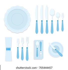 Cutlery for table serving. Table knives, forks and spoons of different sizes. Plate, tissue table-napkin in the ring and bread plate with butter knife vector flat material design isolated on white
