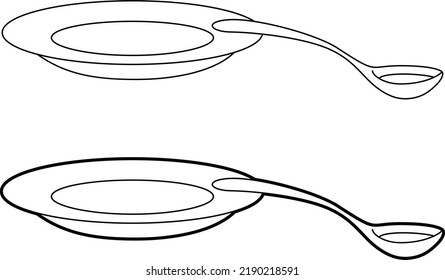 Cutlery table spoon and fork lying on a plate. Meal completion sign. Linear vector illustration, isolated on white background