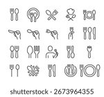 Cutlery and Tableware, icon set. Fork and spoon, knife, plate, dining etiquette, cooking, serving, eating, restaurant, kitchen tools, meal preparation, culinary symbols. Line with editable stroke
