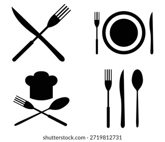 Cutlery and Tableware Icon Set – Plate, Spoon, Fork, and Knife Line Art, Vector Illustration, Food Symbol