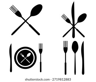 Besteck und Geschirr Icon Set - Teller, Löffel, Gabel und Messer Line Art, Vektorgrafik, Lebensmittelsymbol