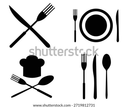 Cutlery and Tableware Icon Set – Plate, Spoon, Fork, and Knife Line Art, Vector Illustration, Food Symbol