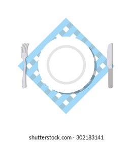 Cutlery top view. Blank White Plate, fork and knife lying on a napkin. On a white background. Vector illustration
