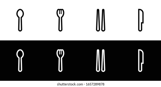 Cutlery type icon set. Flat design icon collection isolated on black and white background. Spoon, fork, chopsticks, and knife.