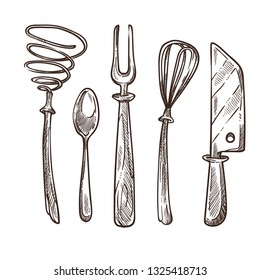 Cutlery and utensils used while cooking lunch or breakfast vector monochrome sketch outline in flat style hand drawn knife and fork spoon and whisk tools to make food instruments variety in kitchen