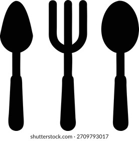 Cubiertos de Arte vectorial, una cuchara, tenedor y cuchillo de Vector, un arte minimalista de la comida con un fondo blanco. Perfecto para menús y posters de restaurantes.