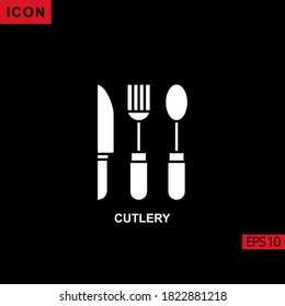 Icono de vector de cubiertos sobre fondo negro. Ilustración icono plano para gráficos, interfaces de medios impresos y diseño web.