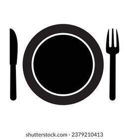 Cutlery vector icon. Plate, knife and fork icon. Silhouette of cutlery. Restaurant symbols.